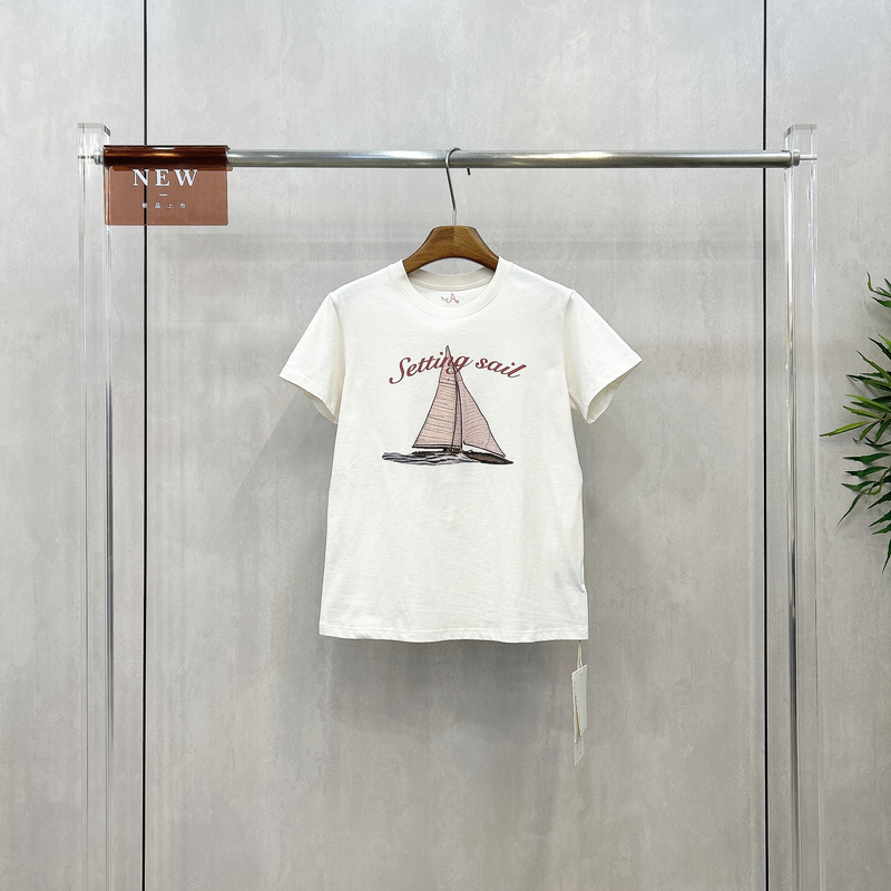 欧货时尚帆船字母印花短袖T恤女新款秋冬圆领温柔风内搭上衣1106
