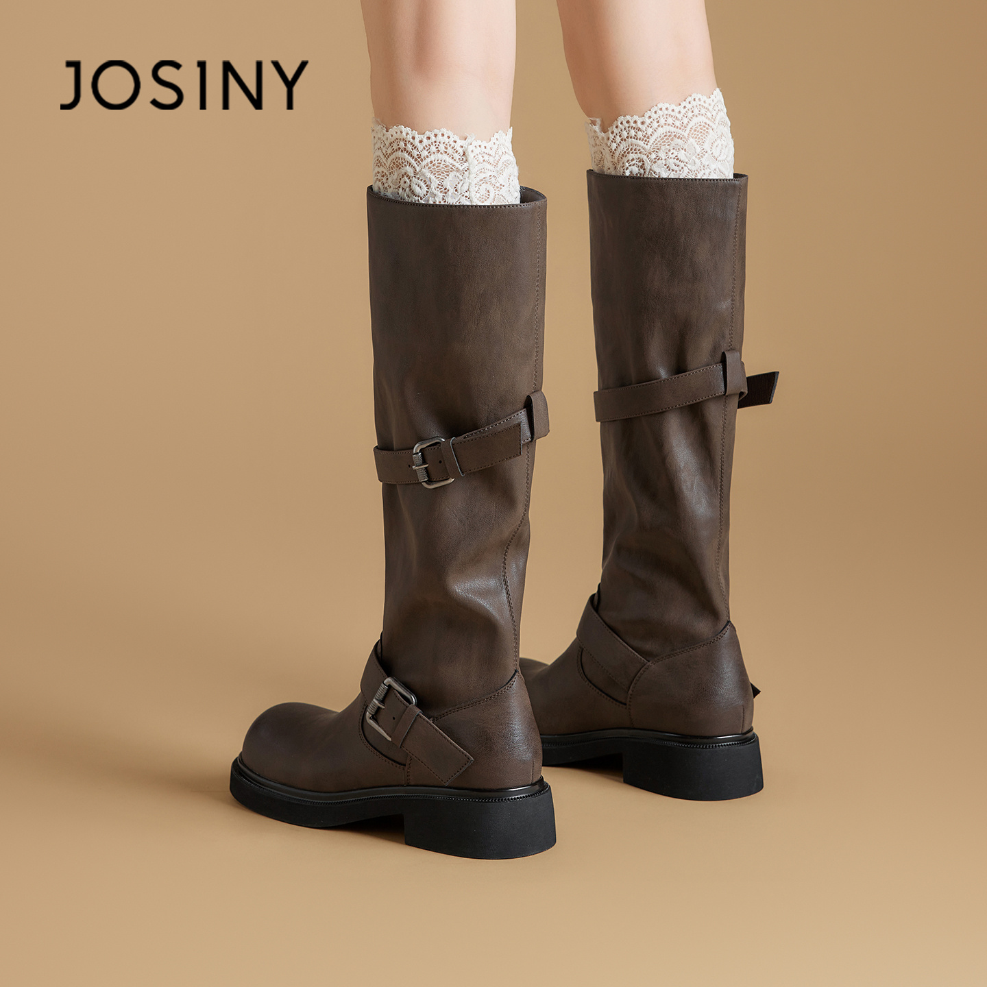 卓诗尼粗跟长筒靴女棕色骑士靴圆头皮带扣西部牛仔靴子502A84824