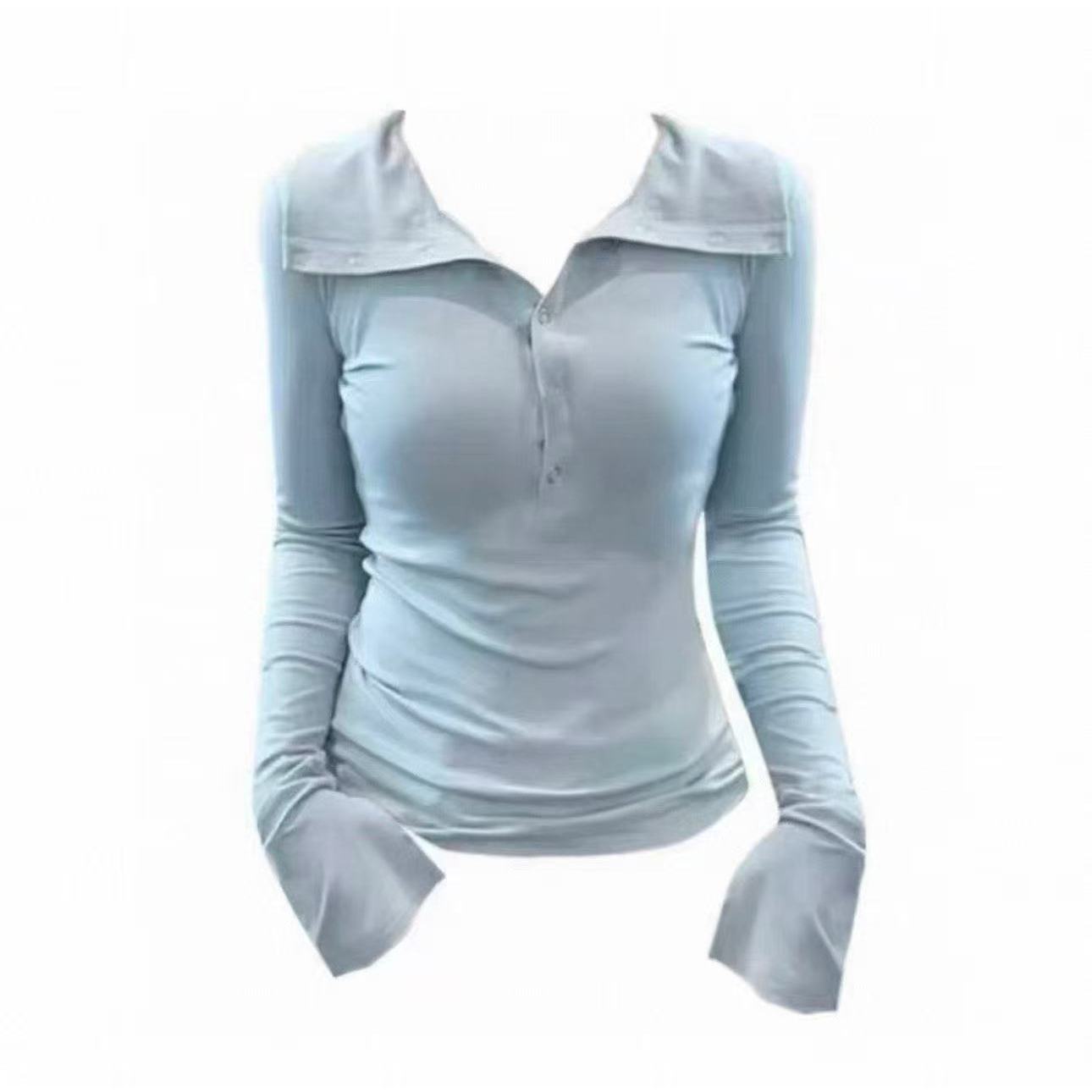 大宝家《我巨甜》通勤百搭多纽扣打底衫修身长袖T恤上衣