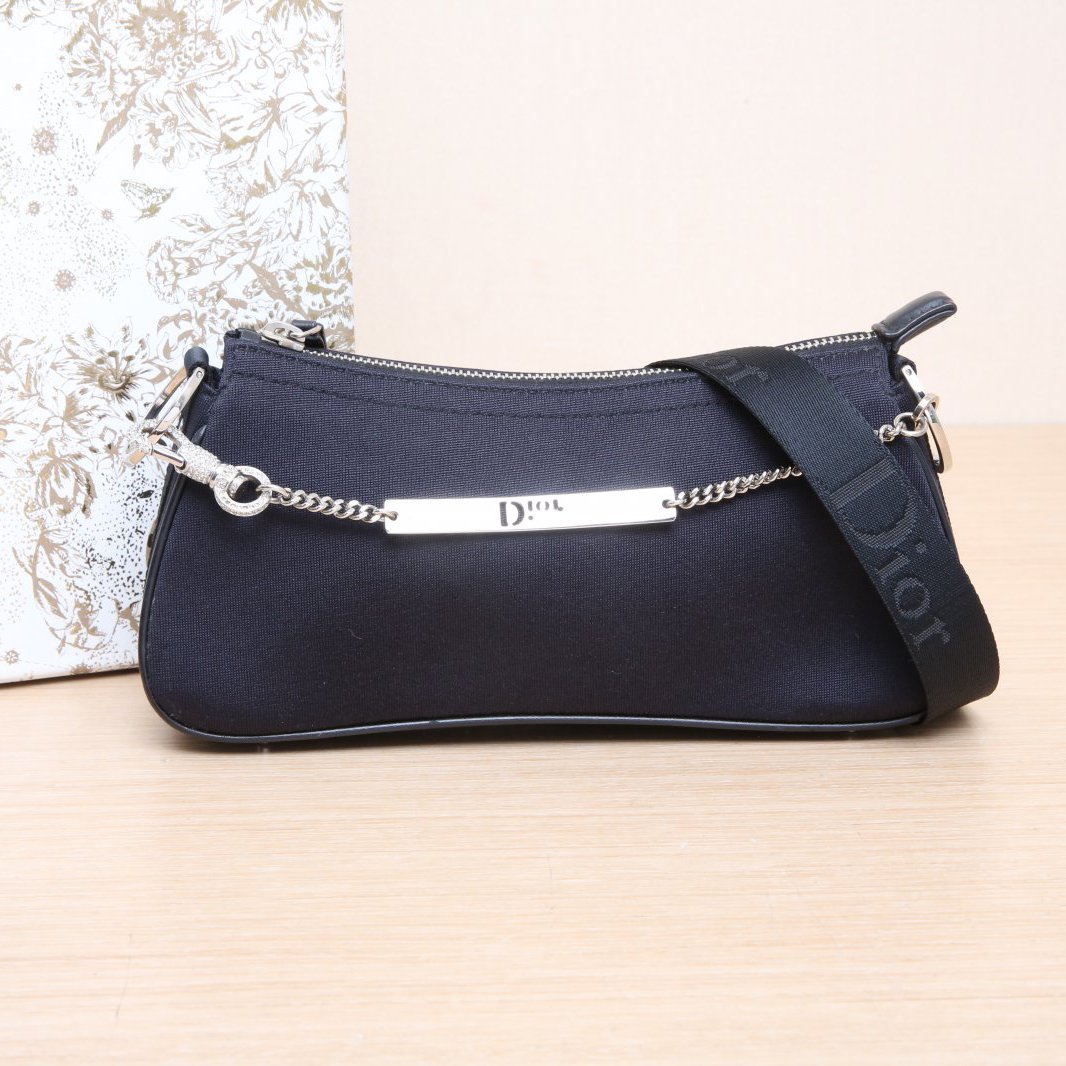 99新 DIOR/迪奥 小花6花 蓝黑 2003 中古 镶钻龙虾扣 斜挎包