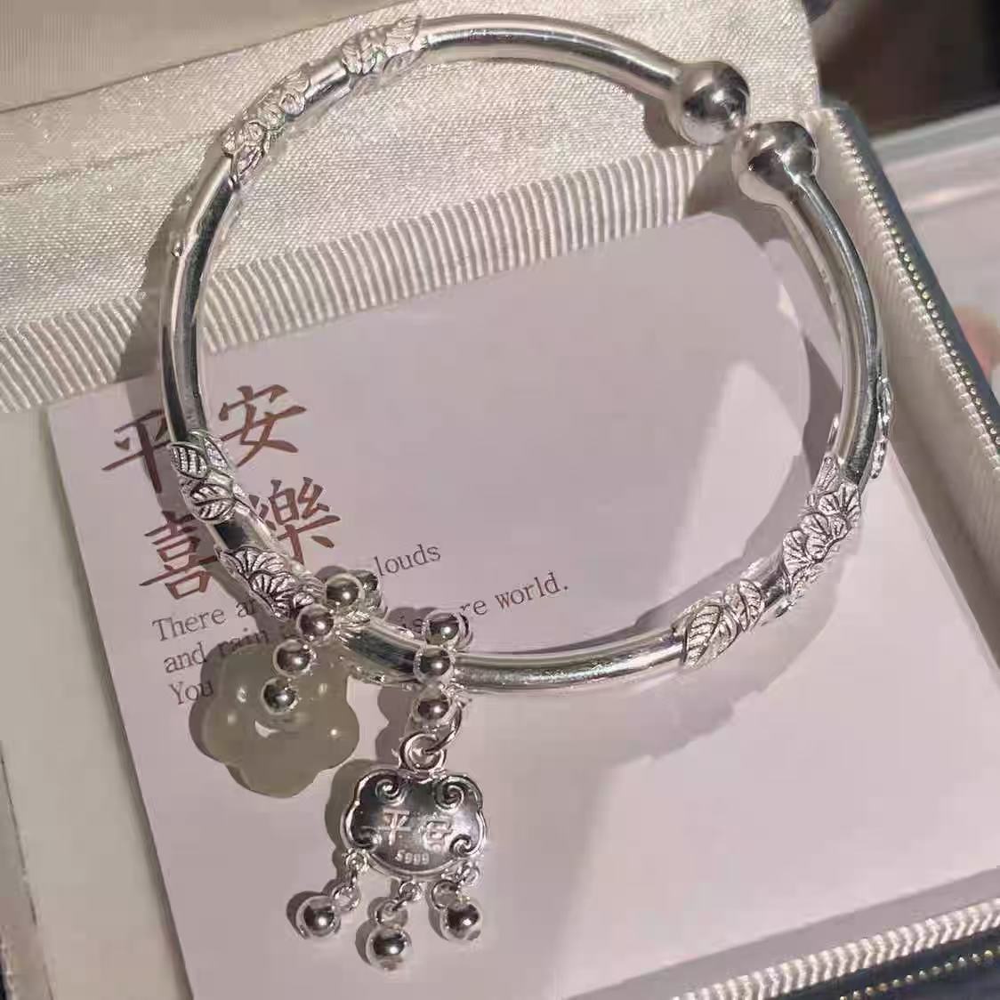 足银手镯 足银手镯 平安锁繁花开口精品手镯A996