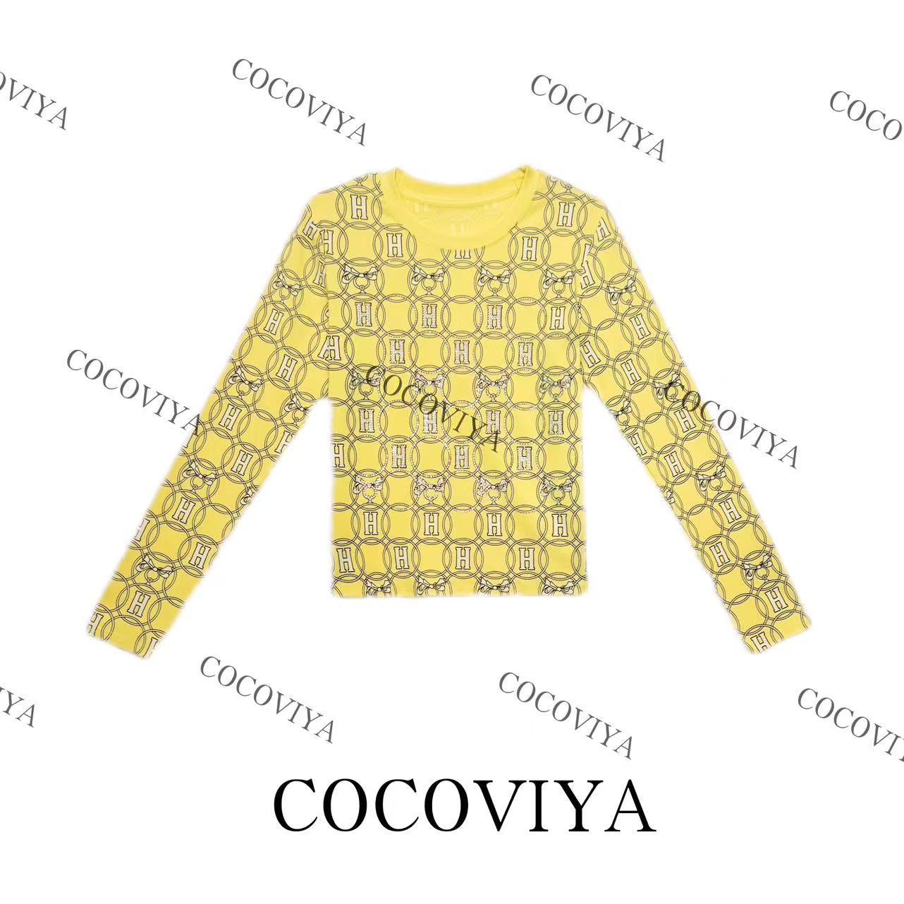 【XY】COCOVIYA满印字母提花长袖轻奢复古修身圆领上衣26C-1058