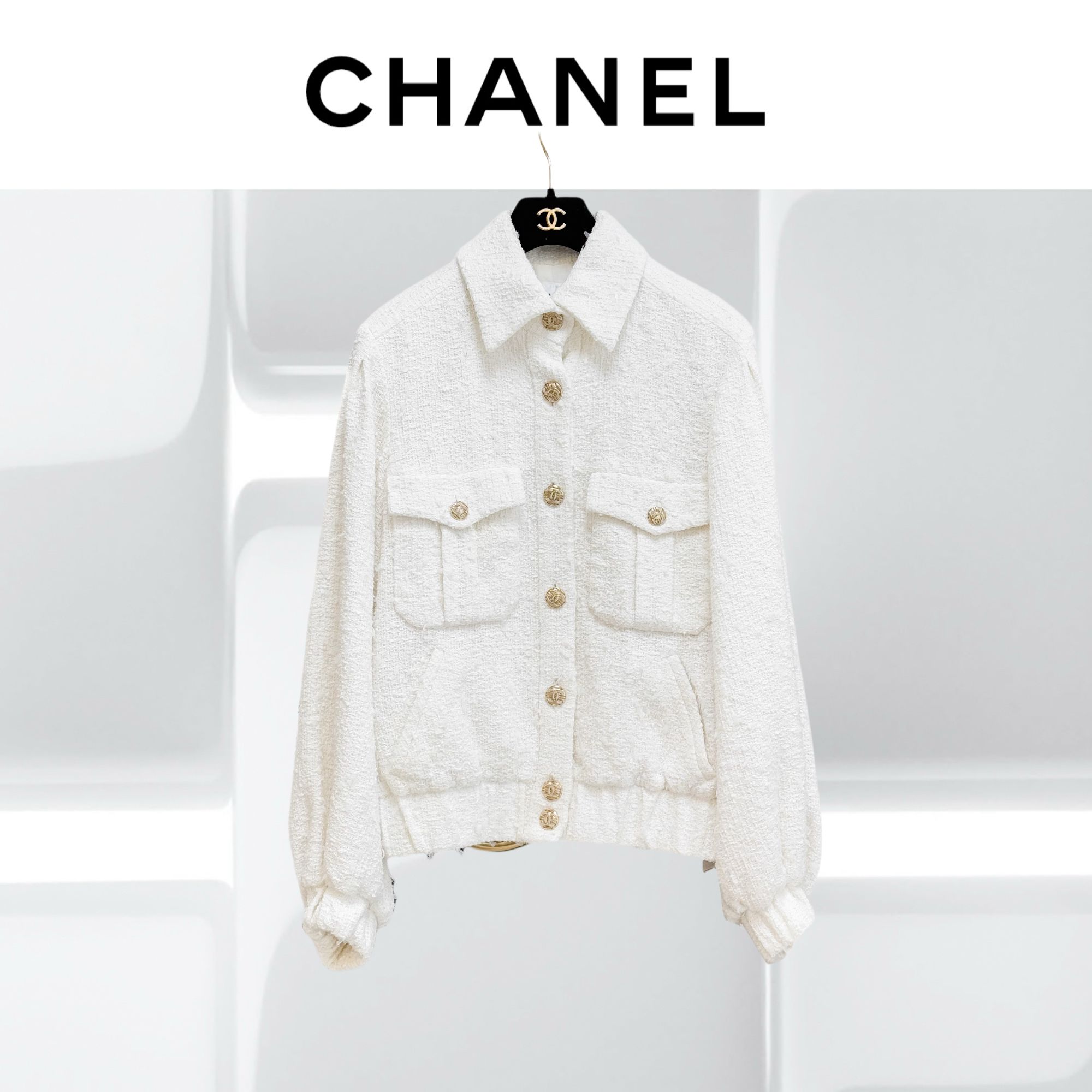 99新 Chanel/香奈儿 40码21P春夏预告白色粗花呢泡泡袖外套