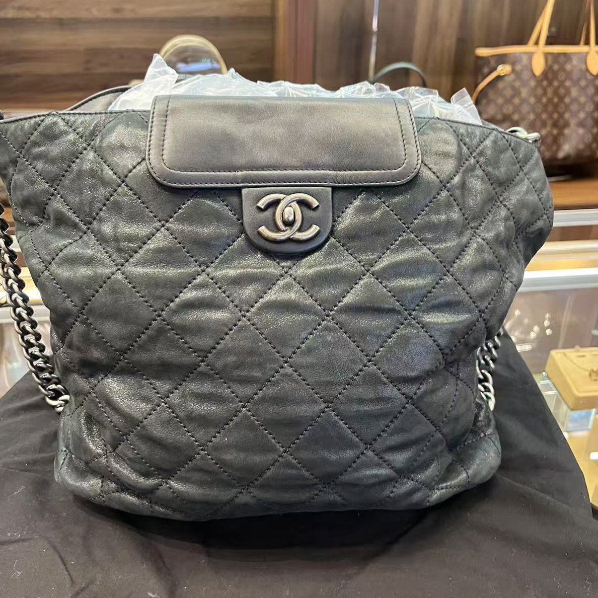 99新 Chanel/香奈儿 黑银托特包黑色牛皮菱格纹大号手提包单肩包