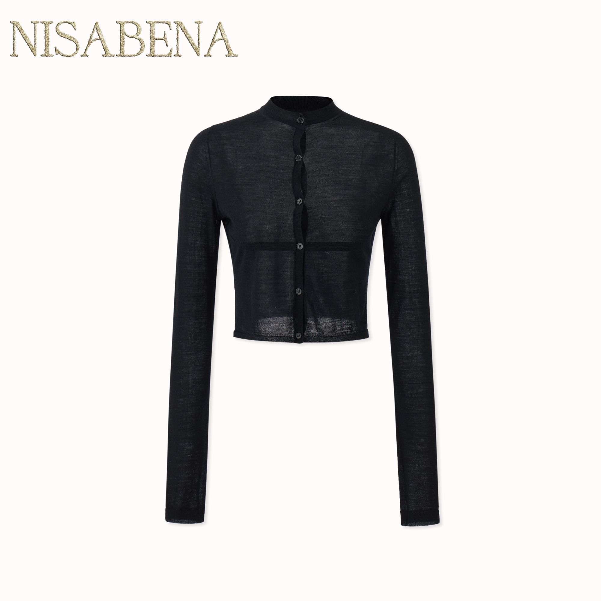 Nisabena 100羊毛弹力亲肤微透圆领针织开衫