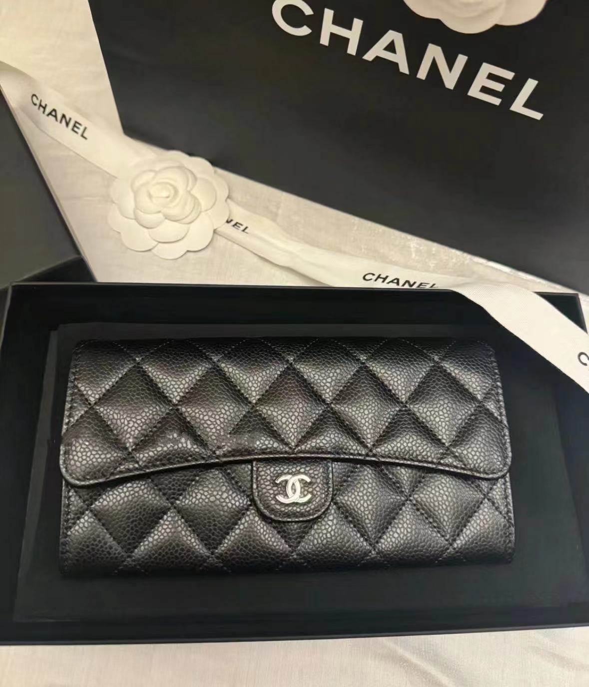 99新 Chanel/香奈儿 香奈儿cf钱包黑银荔枝纹/甄选