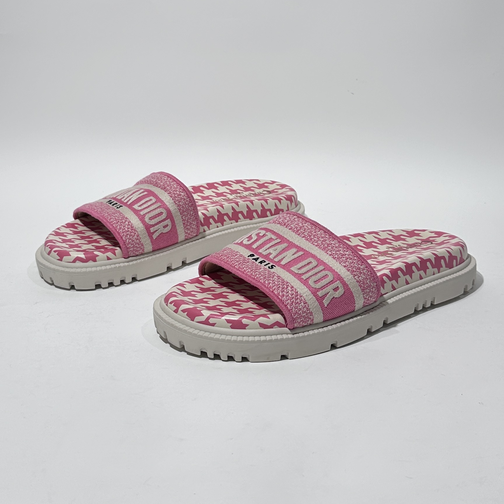 99新 DIOR/迪奥 37.5码 牡丹粉千鸟格一字拖/BXC1774