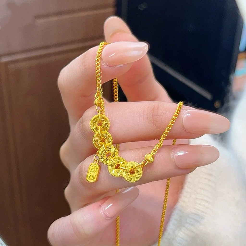 铜合金项链 设计感碎碎冰五帝币招财项链爆闪精致百搭锁骨链气质