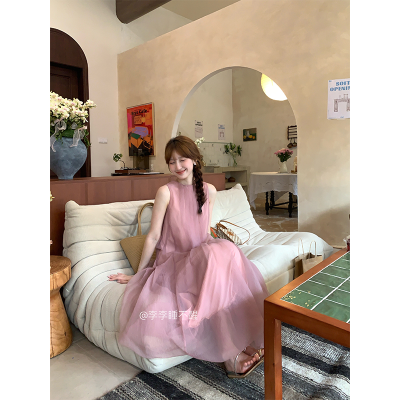 李李【粉黛】夏季显瘦法式连衣裙小个子设计感长裙无袖吊带裙