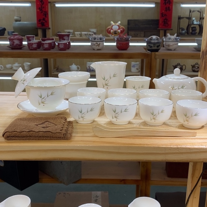竹报平安羊脂玉茶具大套装