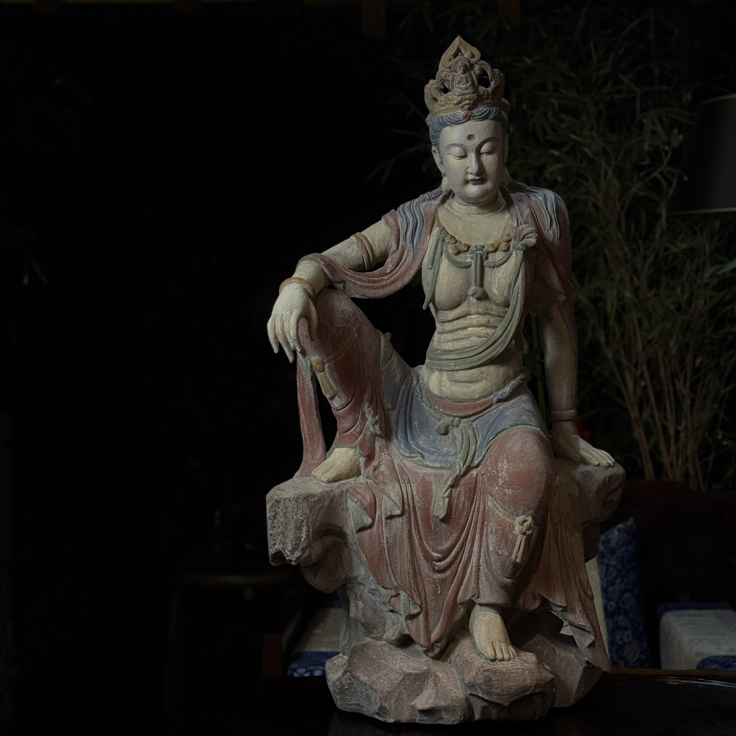 自在观音水月菩萨木雕手工上色古法做旧工艺佛像 顺丰运费到付