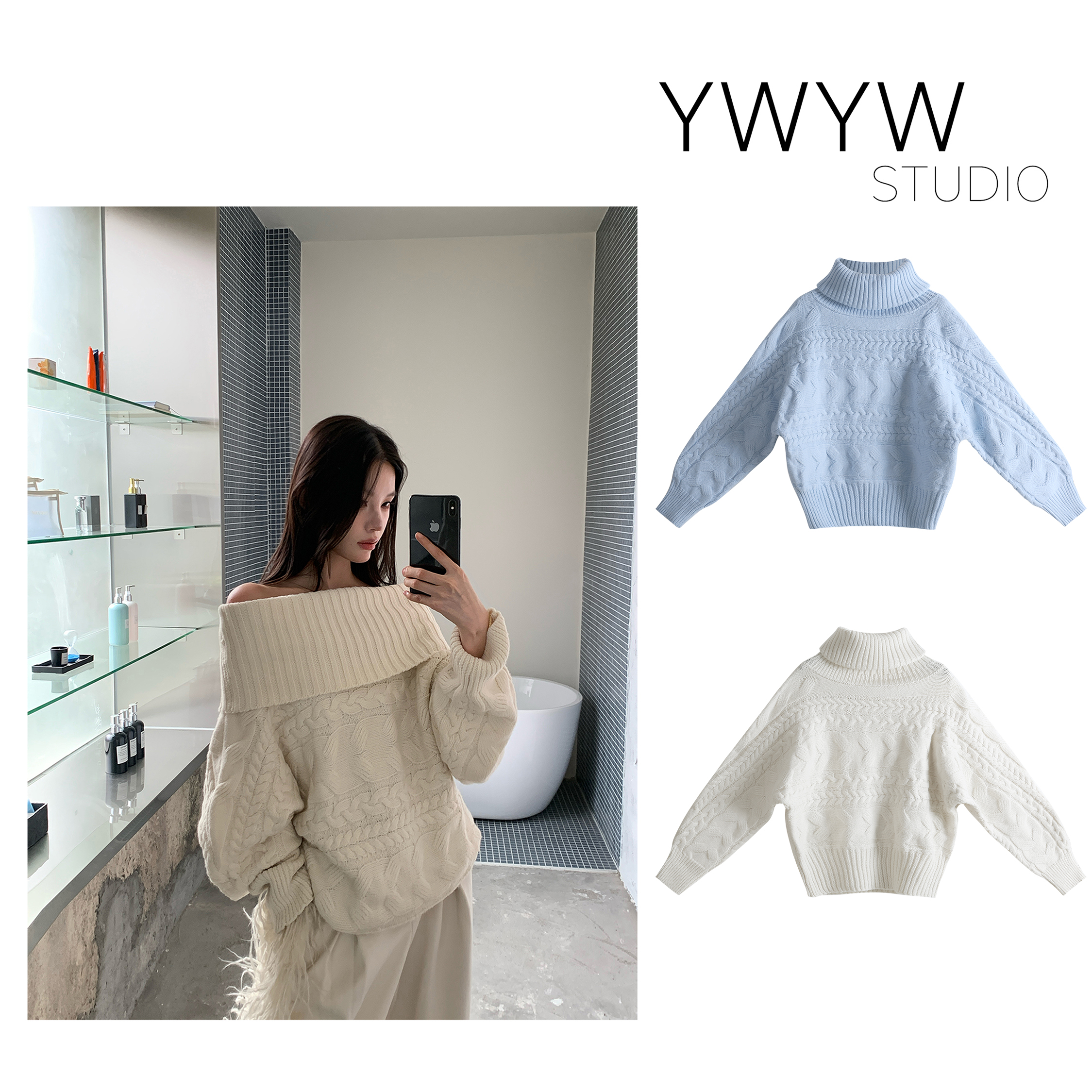 【YWYW25F/W】秋冬纯色擦肩袖针织收腰保暖高领毛衣5827