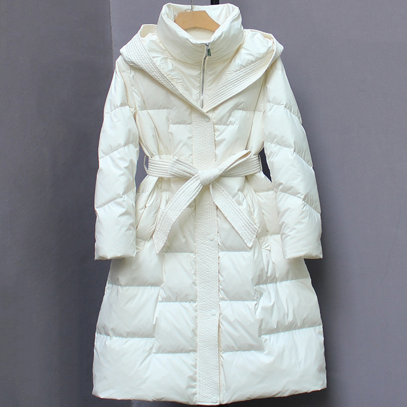 2025加厚中长款羽绒服女收腰款修身腰带显瘦鸭绒保暖羽绒服
