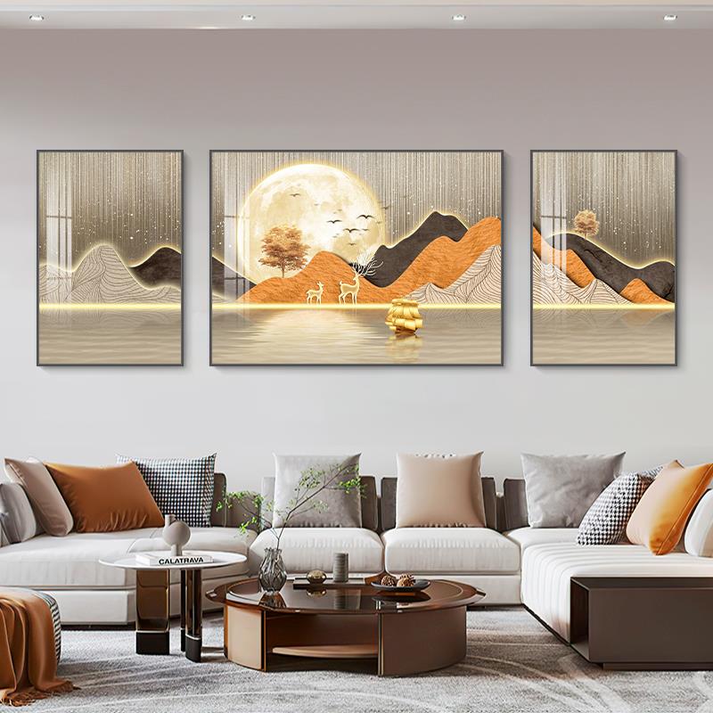 背有靠山客厅装饰画2022新款现代简约沙发背景墙挂画三联山水壁画