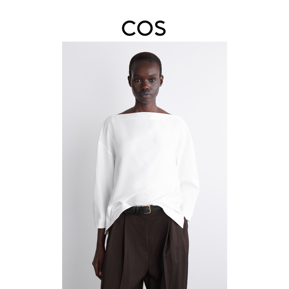 COS女装 休闲版型船领棉质衬衫白色2025秋季新品1290656005