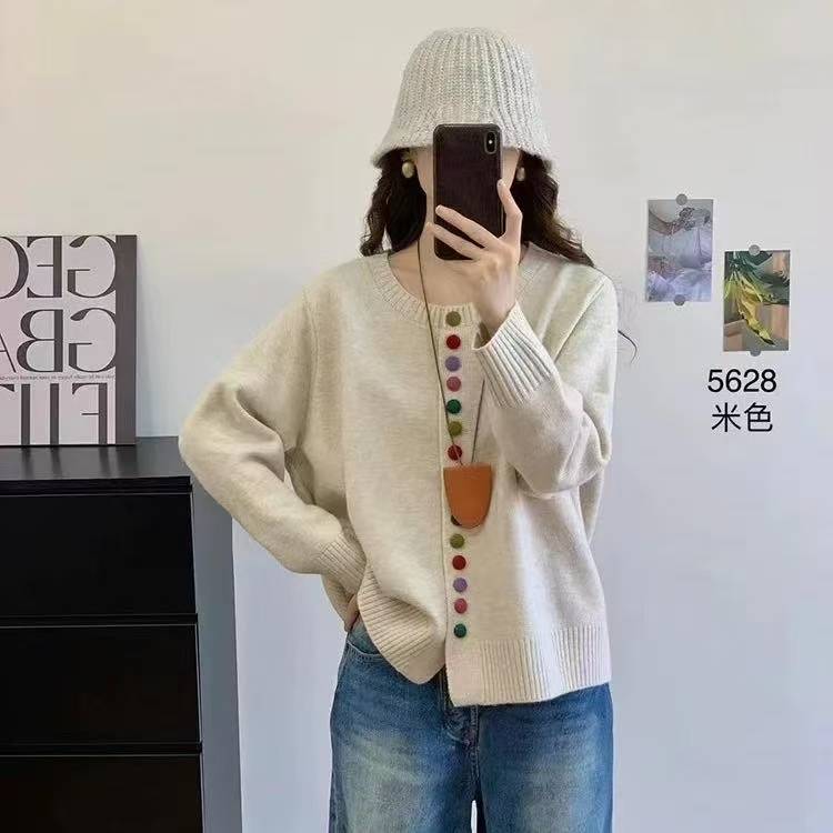 (9931)2025新款大码胖MM圆领彩虹扣针织开衫外套女宽松慵懒风秋冬