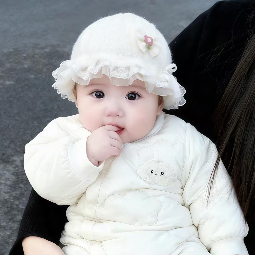 冬季毛绒公主风婴儿帽子新生儿圆顶女韩版加绒保暖针织宝宝胎帽