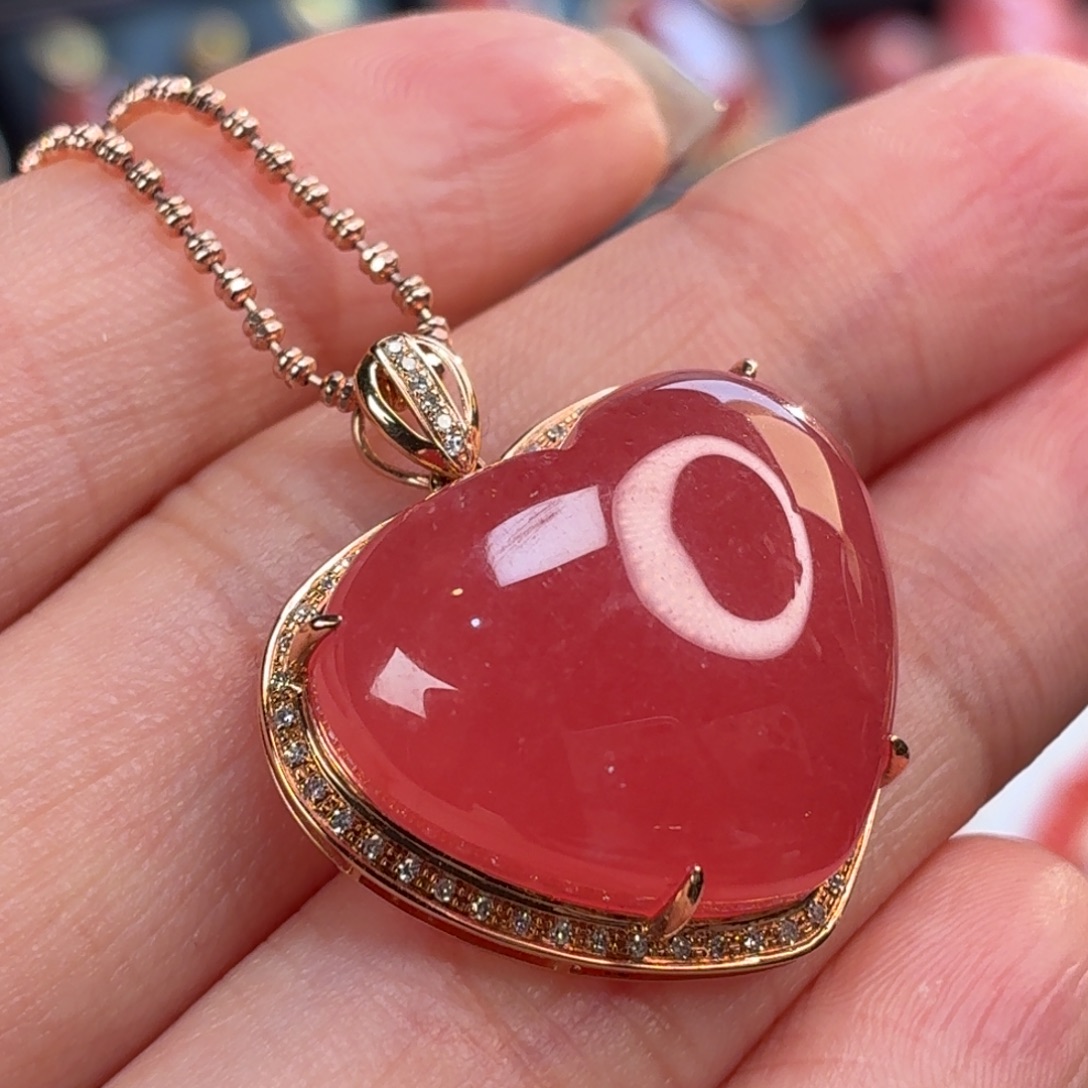 菱锰矿（红纹石）18K金镶嵌吊坠(不含链)