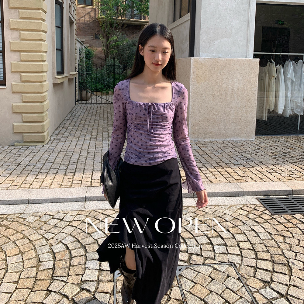 【清】NO退换ONEXH·2025秋季法式波点网纱长袖方领T恤气质韩系上衣
