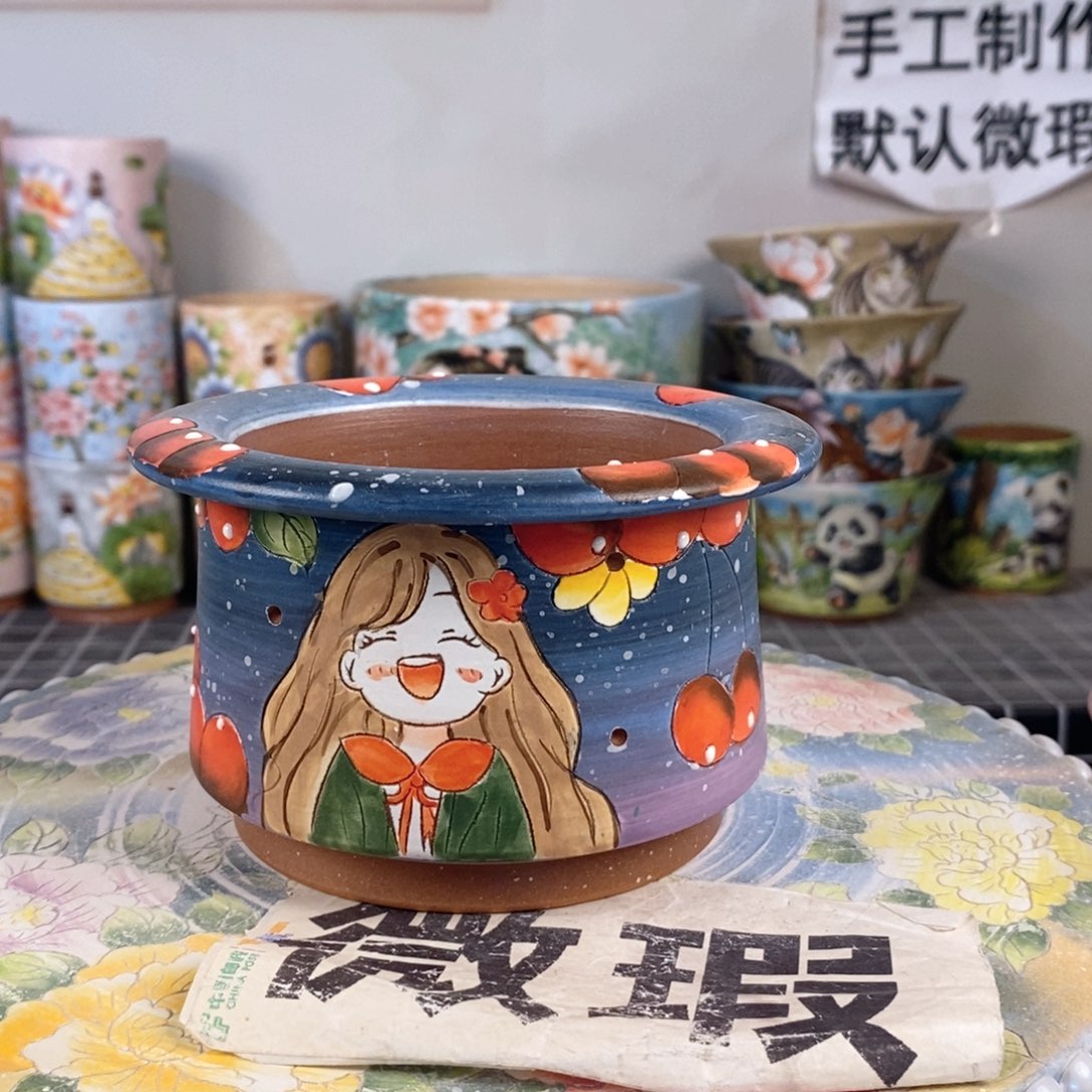 紫砂花盆红陶手绘花盆