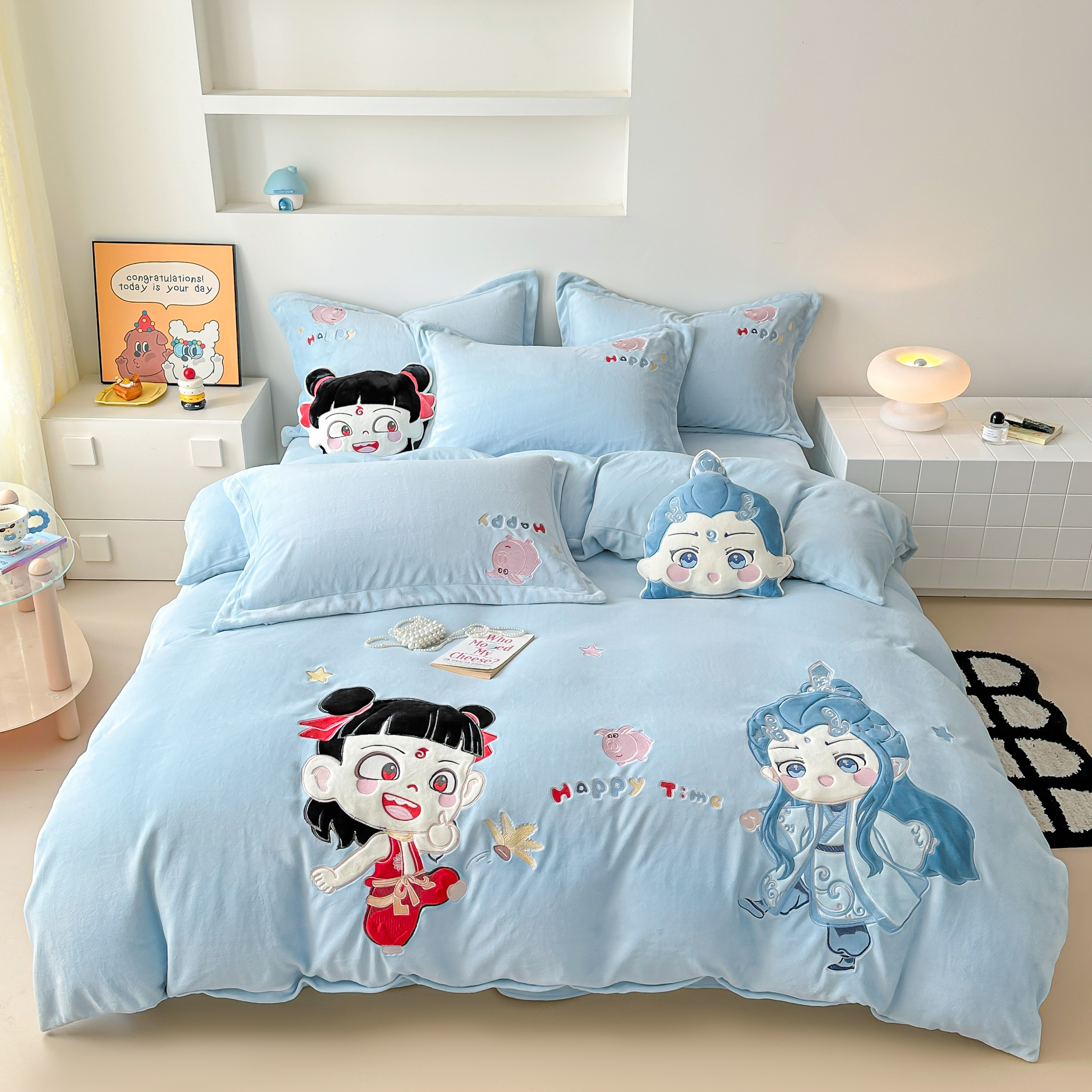 冬季加厚牛奶绒四件套哪吒敖丙卡通风贴布绣儿童珊瑚绒三件套床品