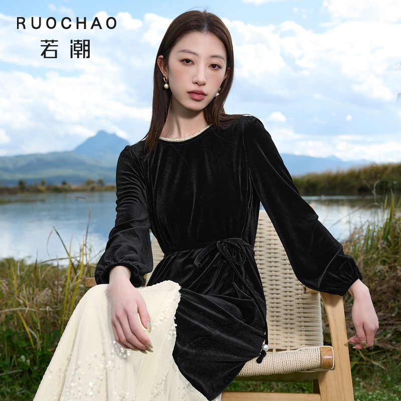 三彩大码女装2025冬季新款气质丝绒连衣裙网纱拼接长裙胖MM
