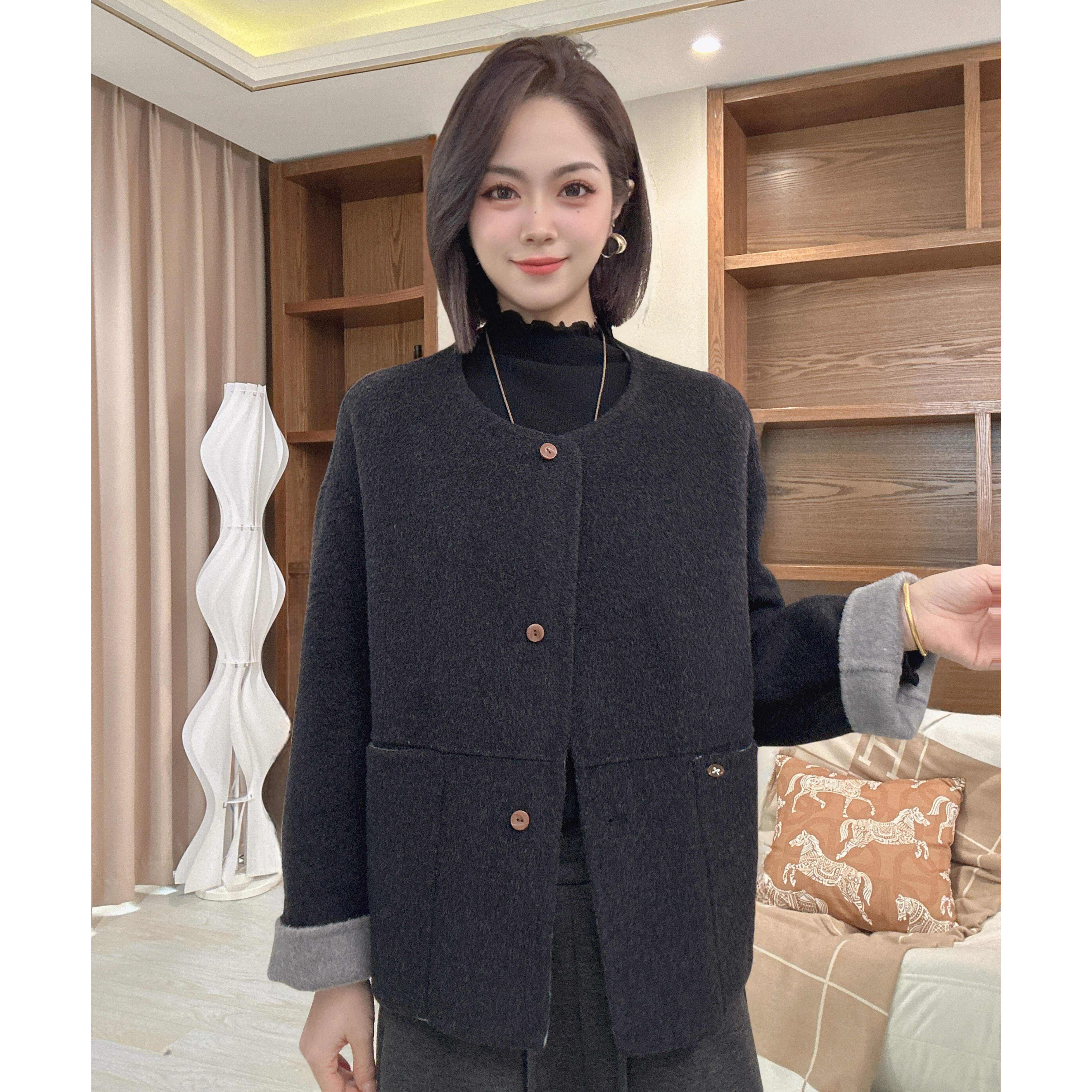 茜百万【新款】羊毛双面大衣女时尚高级感短款毛呢外套女