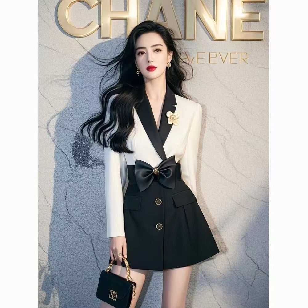 长袖V领拼接高腰纯色春夏连衣裙设计感时尚撞色复古女神蝴蝶结