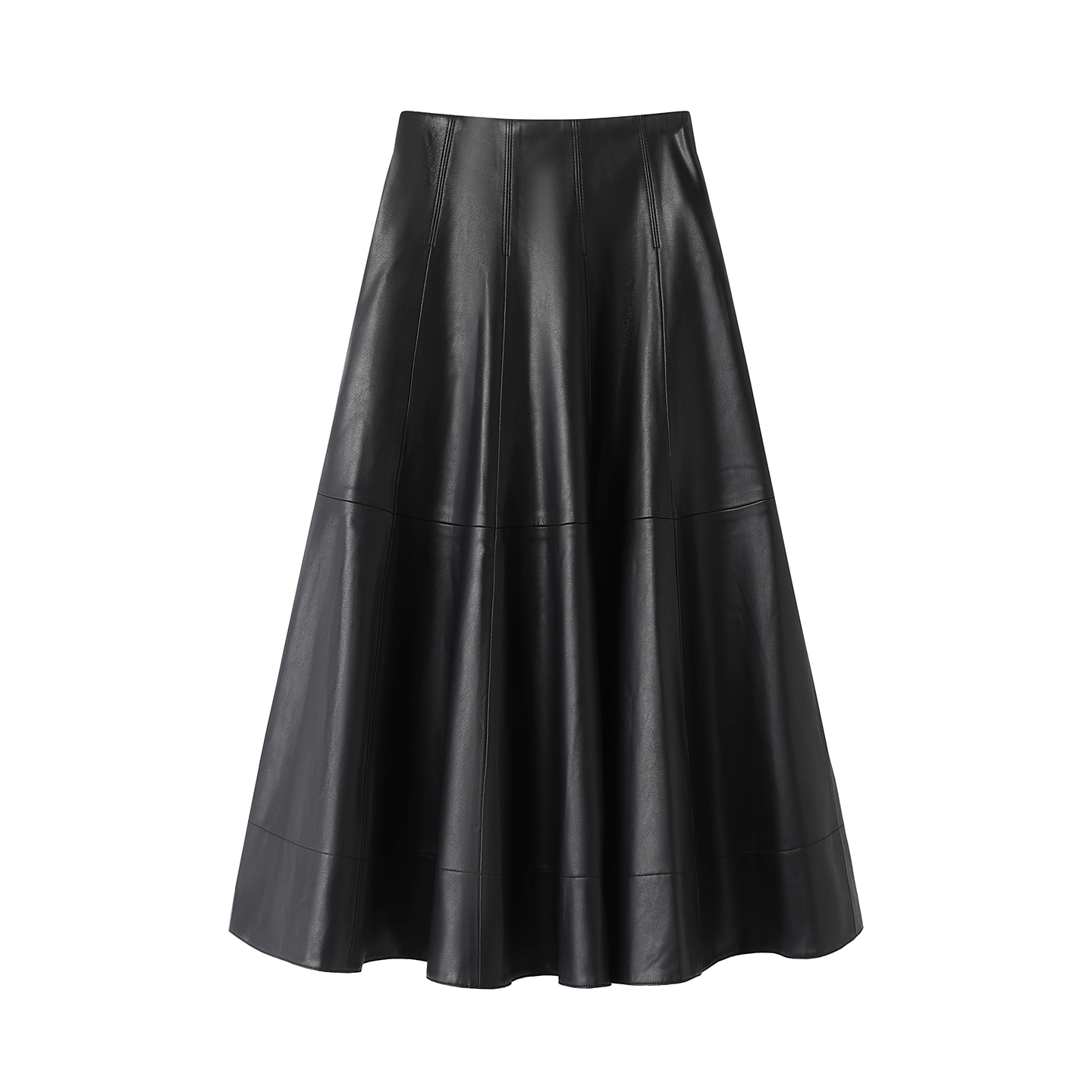 艾家时尚显瘦高腰半身裙简约微弹PU伞裙纯色常规中长裙薄款-4117