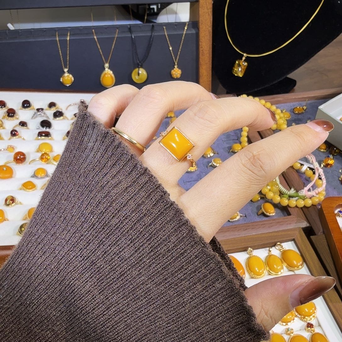 蜜蜡银S925镀金镶嵌戒指