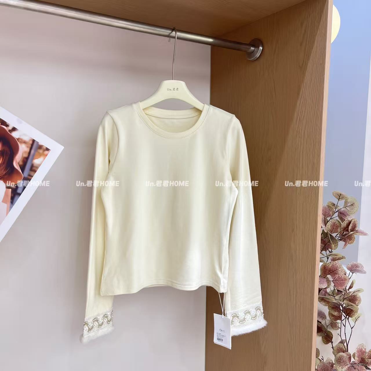 君君家【重工袖口】圆领德绒重工袖口百搭打底上衣33469