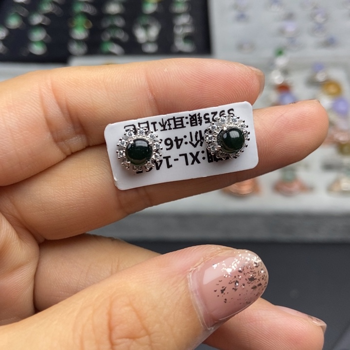 翡翠耳饰银S925镶嵌耳钉