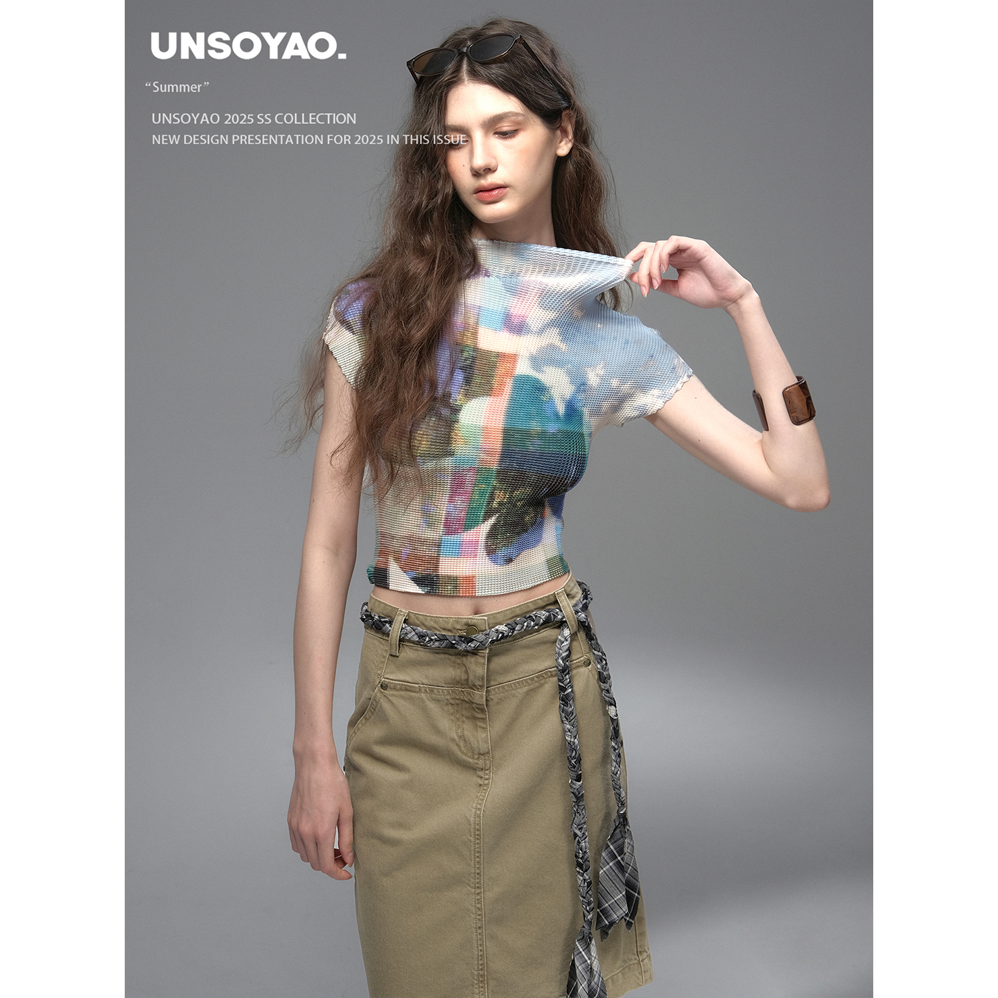 UNSOYAO 25SS “游牧星辰”高工艺格纹不限制身材弹力褶皱T恤