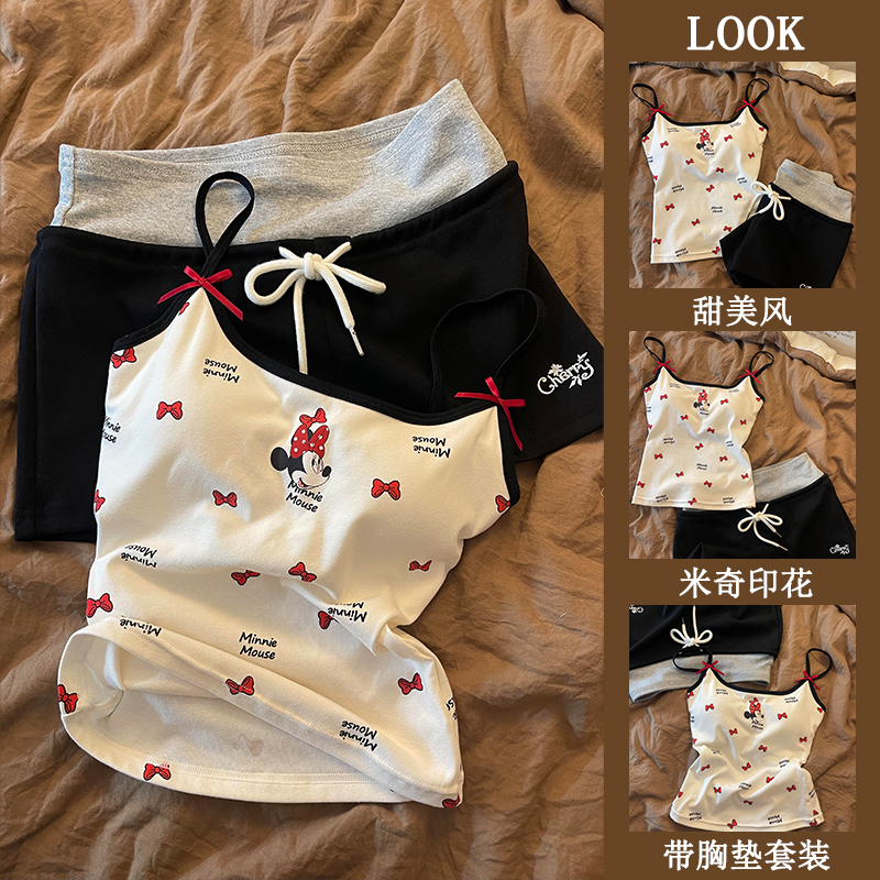 卡通米奇带胸垫睡衣女夏季新款甜美风韩版休闲舒适吊带家居服套装