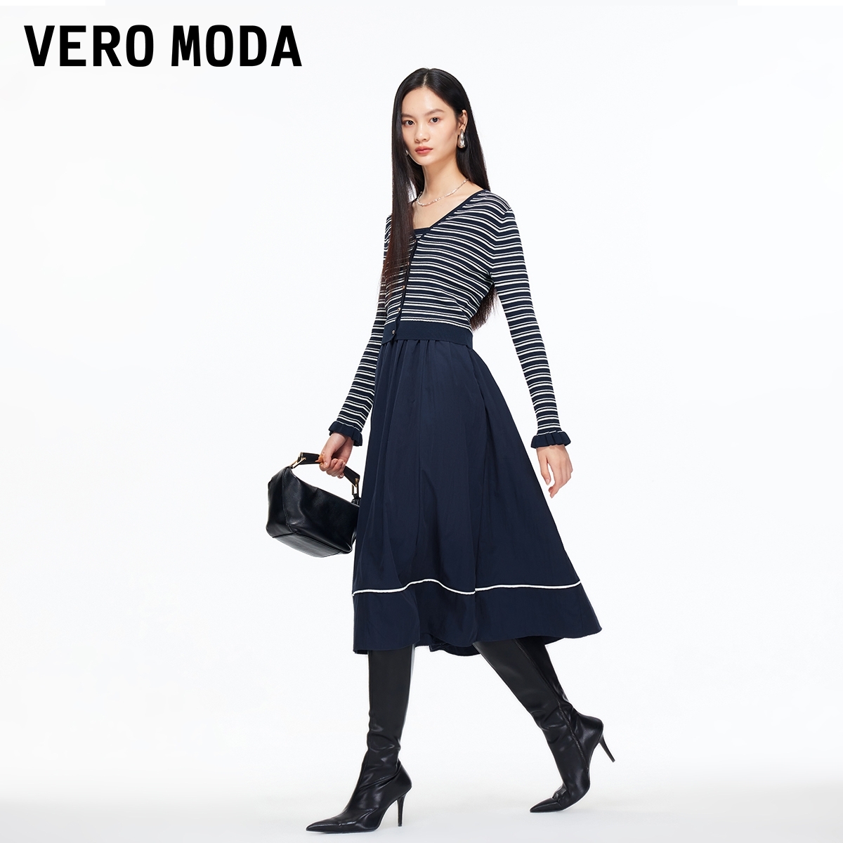 Vero Moda连衣裙女2025冬季新款条纹真两件A字中长裙325446022