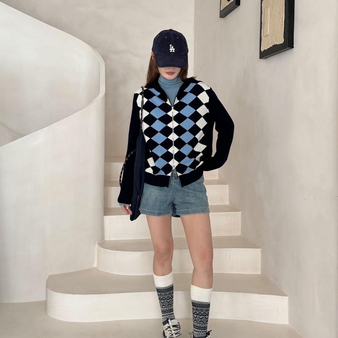 Q010129 全羊毛连帽美式复古学院风菱形格拉链开衫宽松针织衫外套