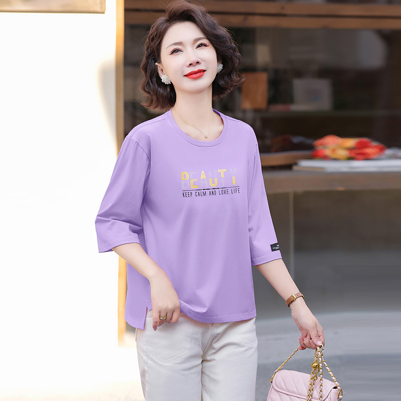90支新疆长绒棉圆领七分袖紫色t恤女士夏季2026新款时尚2026