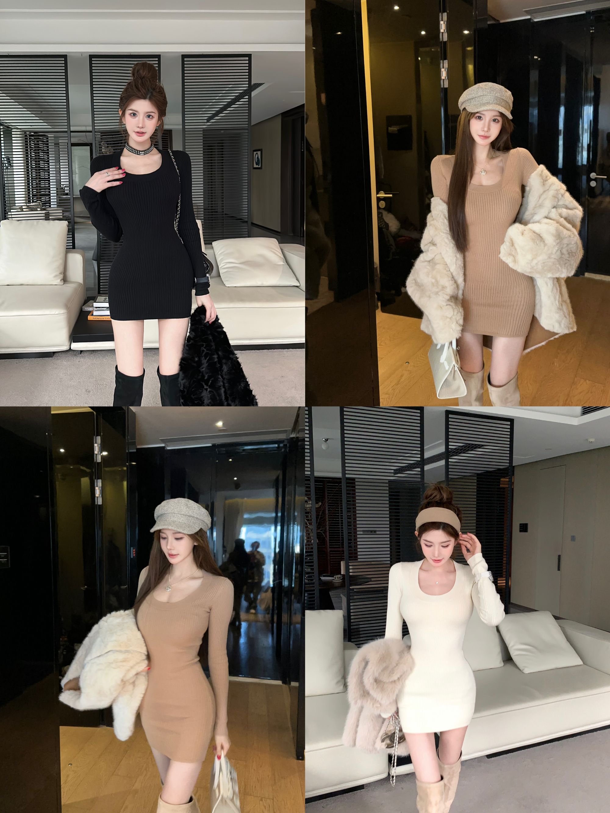 AL DINGZHI【建模身材】U领长袖收腰修身连衣裙新款气质包臀针织裙