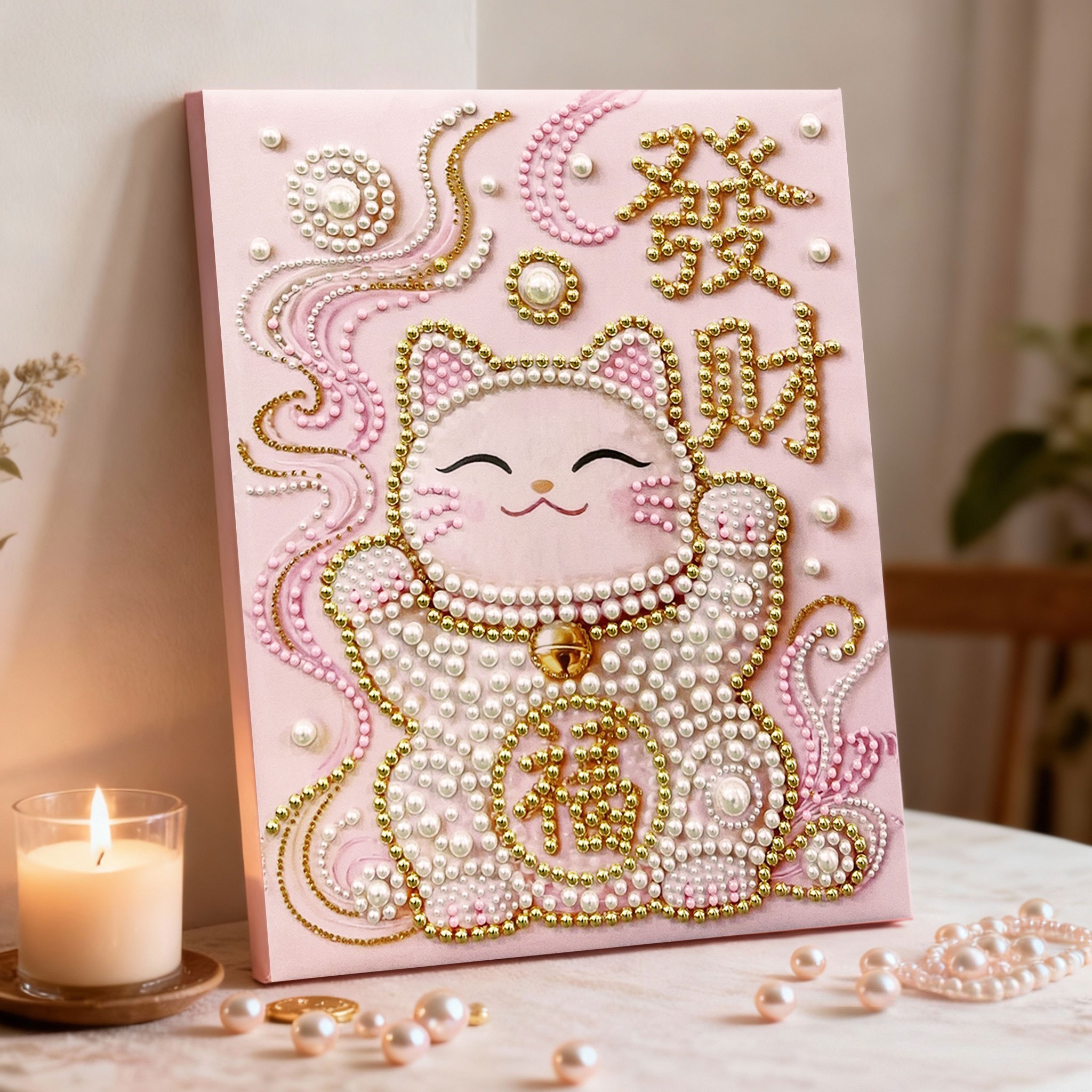 笔尖故事DIY珍珠钻石画发财招财猫手工制作送材料包有框装饰挂画