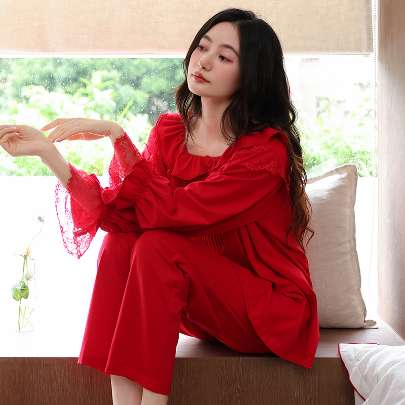 红色睡衣女春秋季纯棉长袖全棉喜庆新婚结婚本命年女款家居服套装