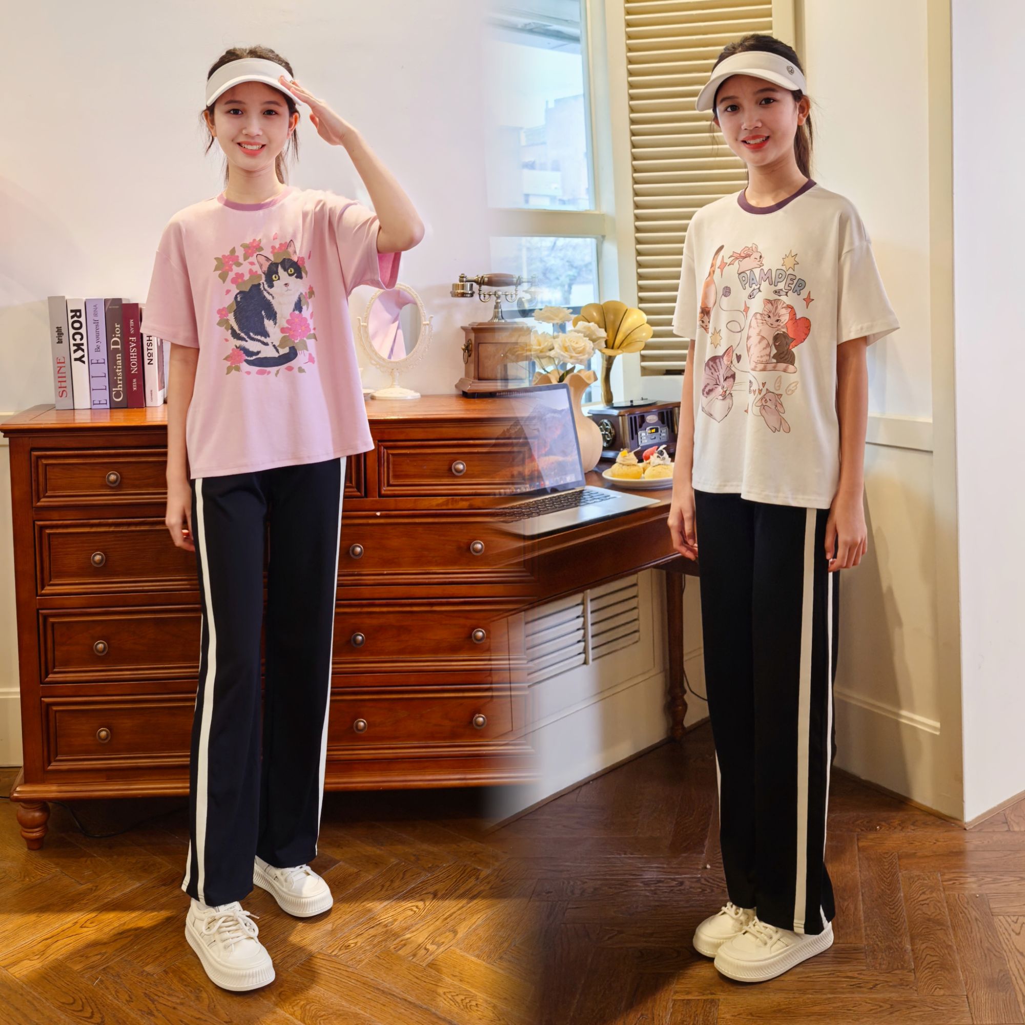 中大童印花短袖t恤女2025夏季新款宽松休闲百搭上衣时尚休闲套装