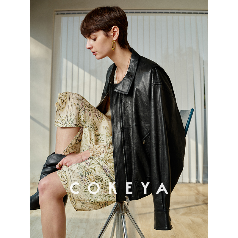 COKEYA/THE R*W“摩登飞行员”~羊皮革圆领长袖夹克皮衣外套女春