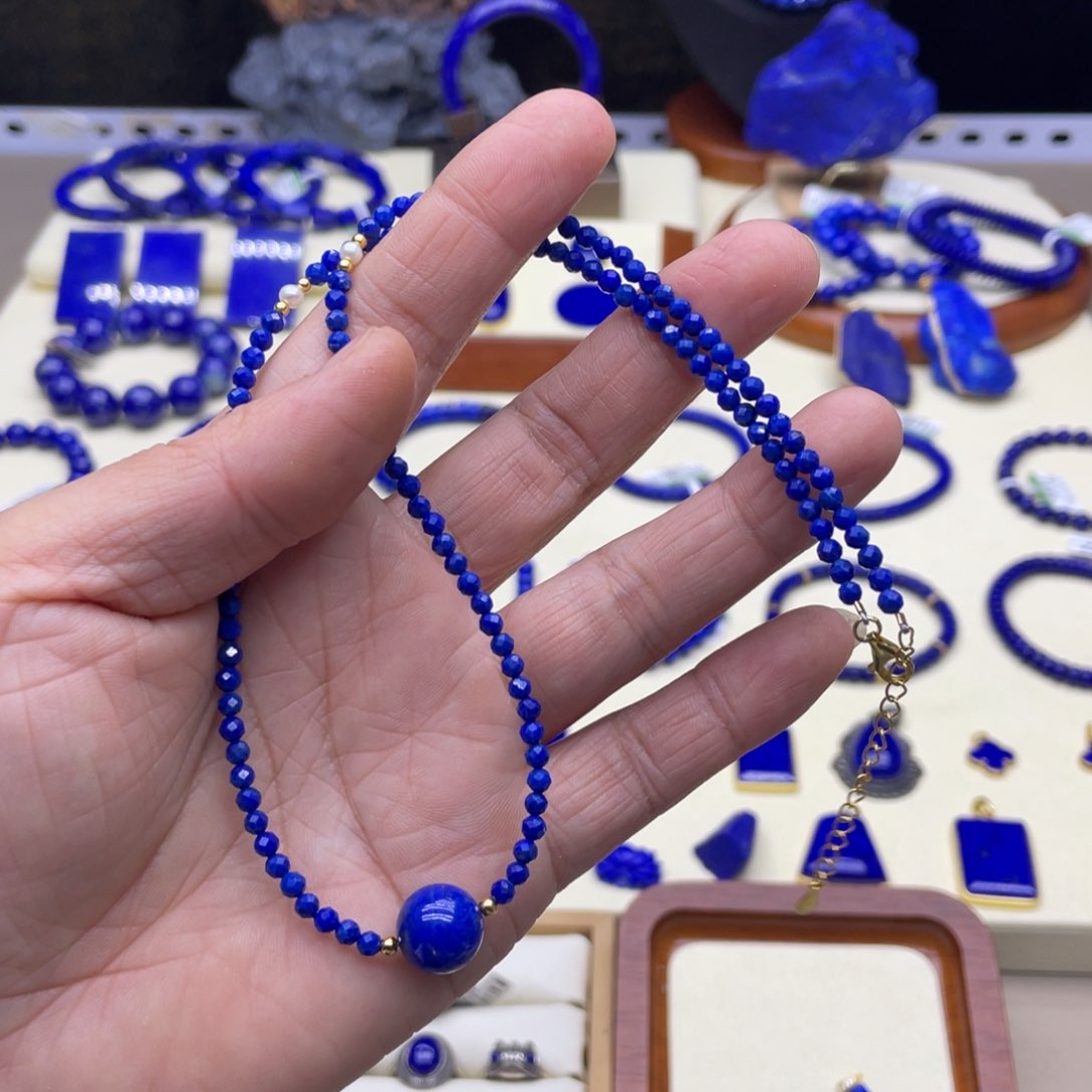 银S925镀金镶嵌青金石项链3mm