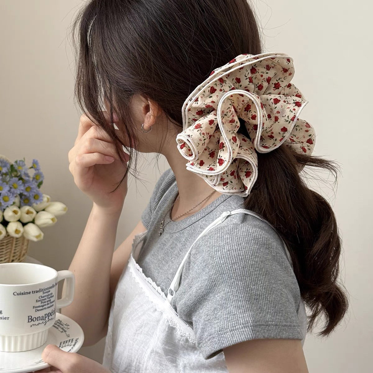 E4537玫瑰少女碎花四层大肠发圈复古女2025法式高级日常百搭头花