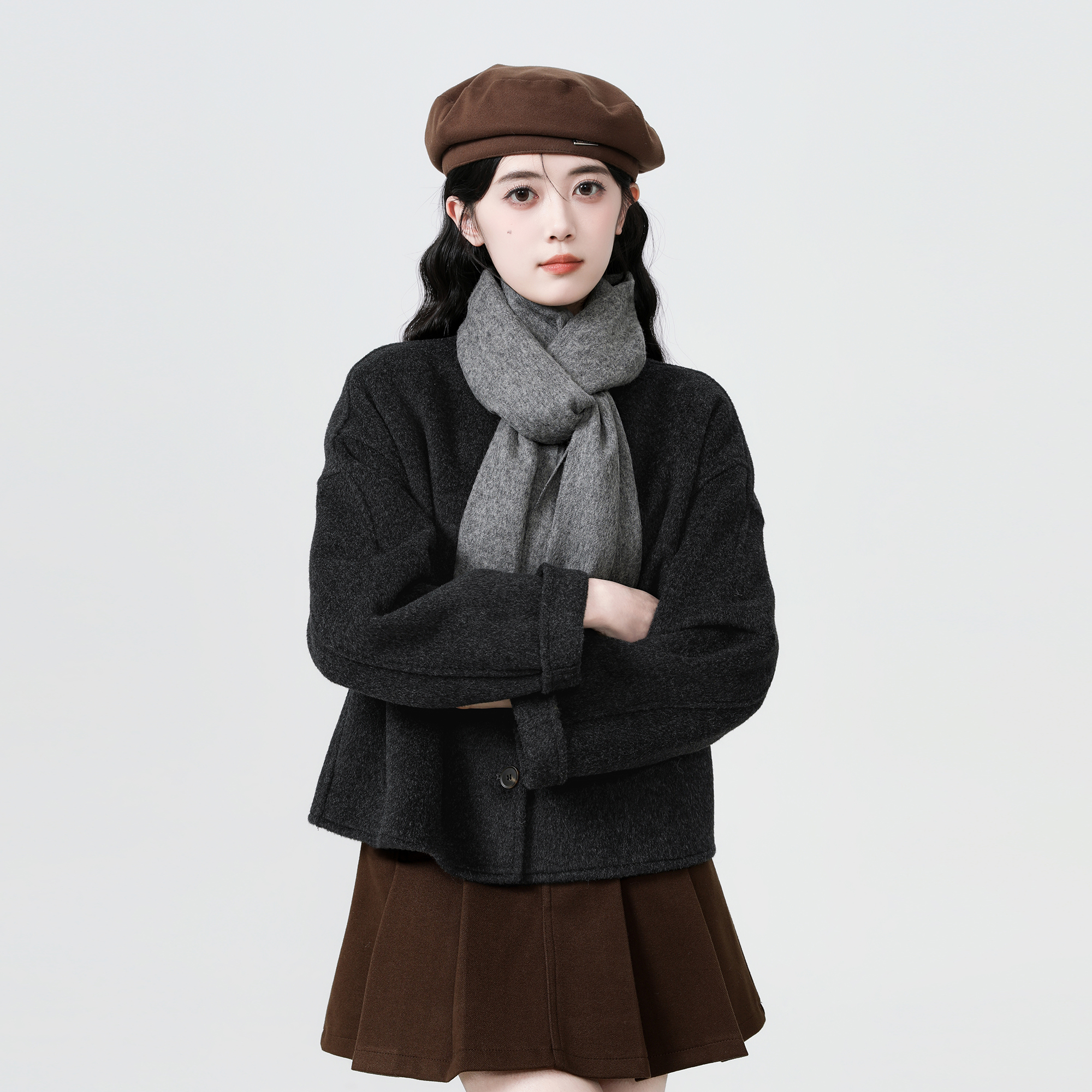 深灰色双面毛呢外套女秋冬2025秋新款复古小香风圆领呢子短款上衣