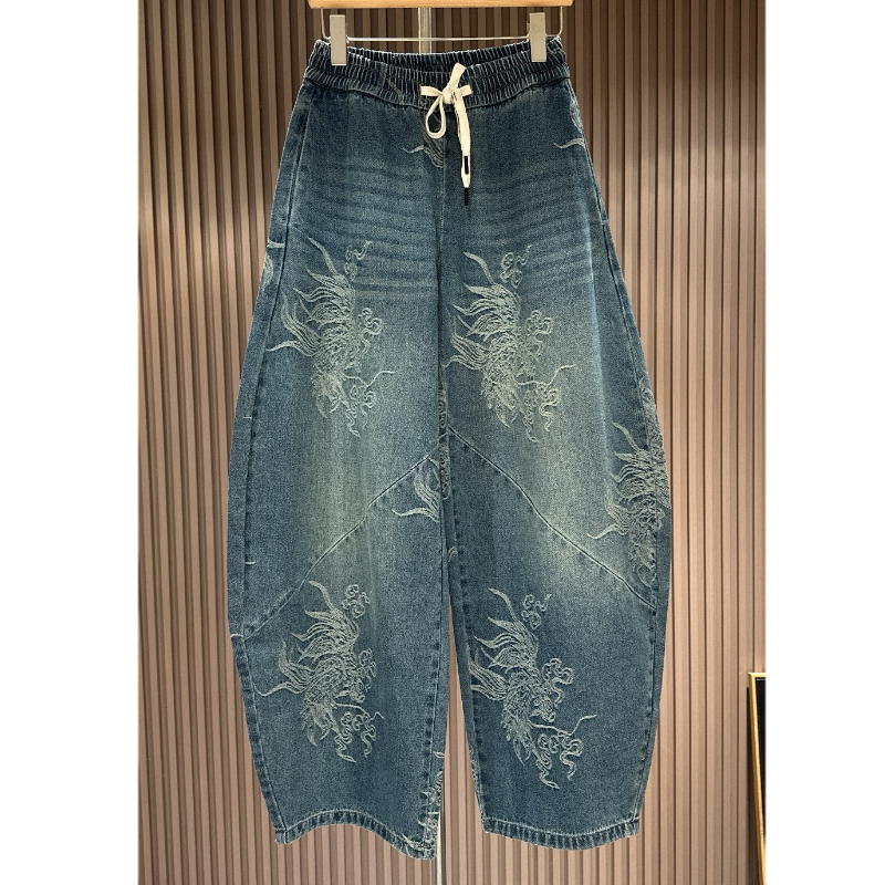 刺绣提花水洗牛仔裤女秋季新款显瘦宽松阔腿裤长裤松紧腰百搭