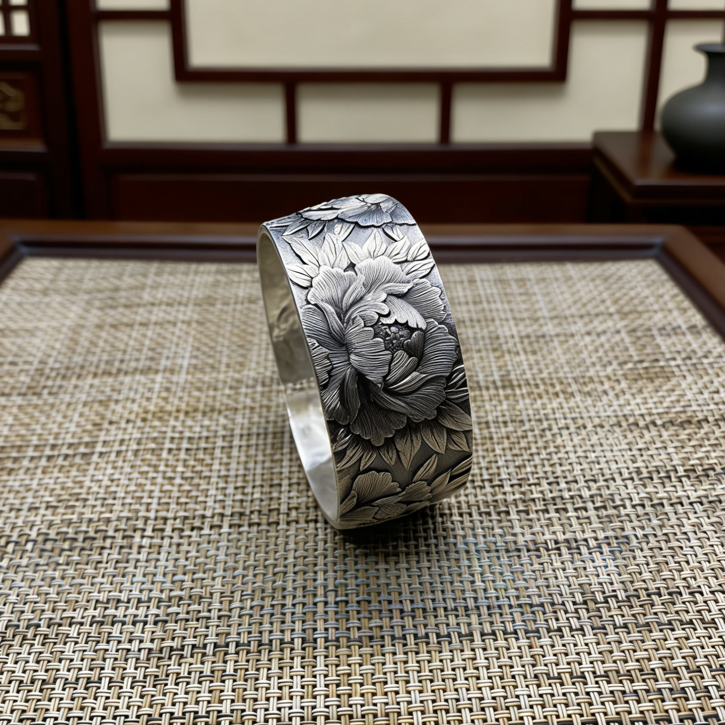 足银手镯 足银999牡丹国风精工錾刻复古手镯