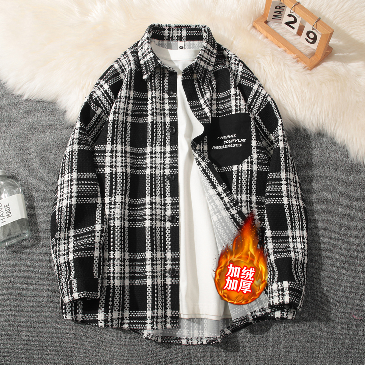 秋冬加绒加厚格子衬衫外套保暖宽松高级感潮牌长袖衬衣男士上衣服