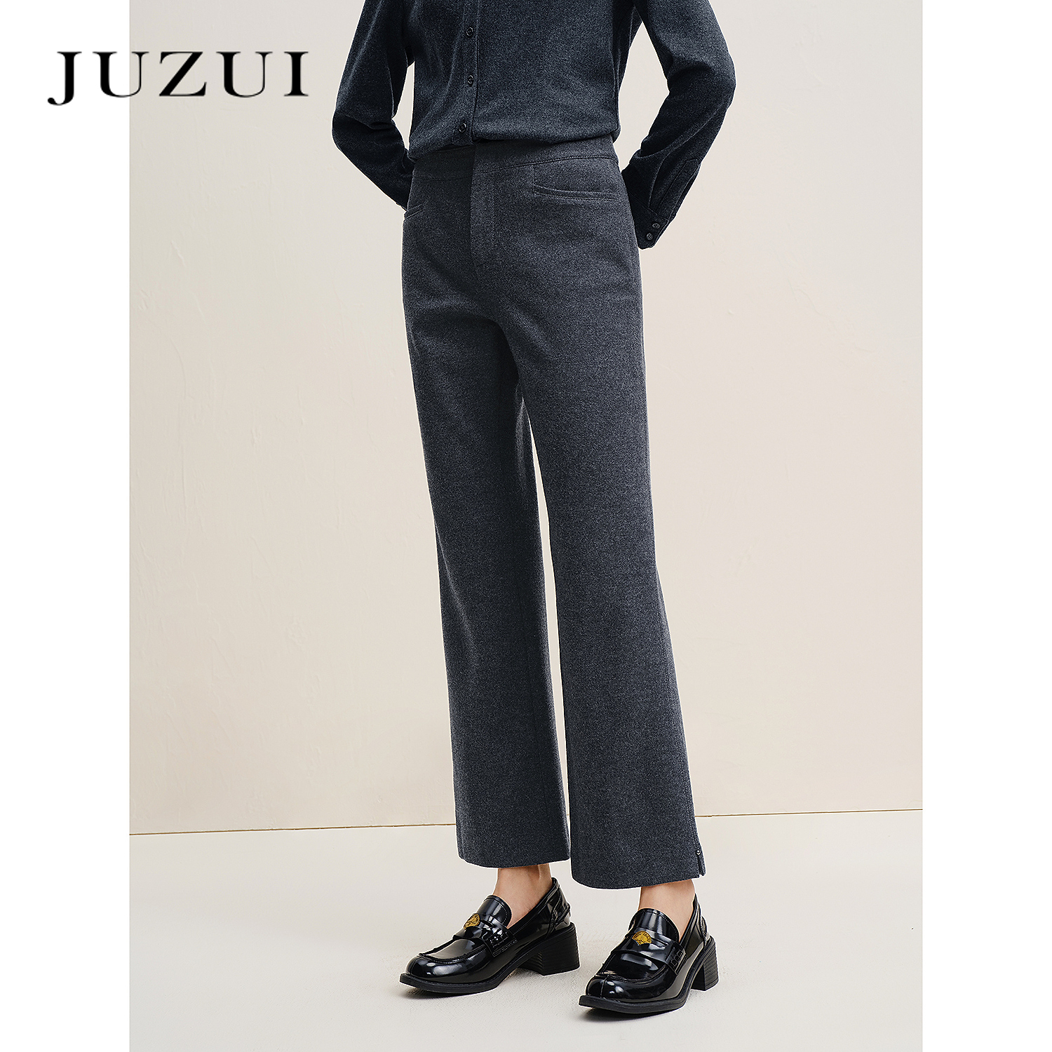 JUZUI玖姿时髦软糯羊毛针织微喇裤九分裤女2025冬季新款JWFD11103