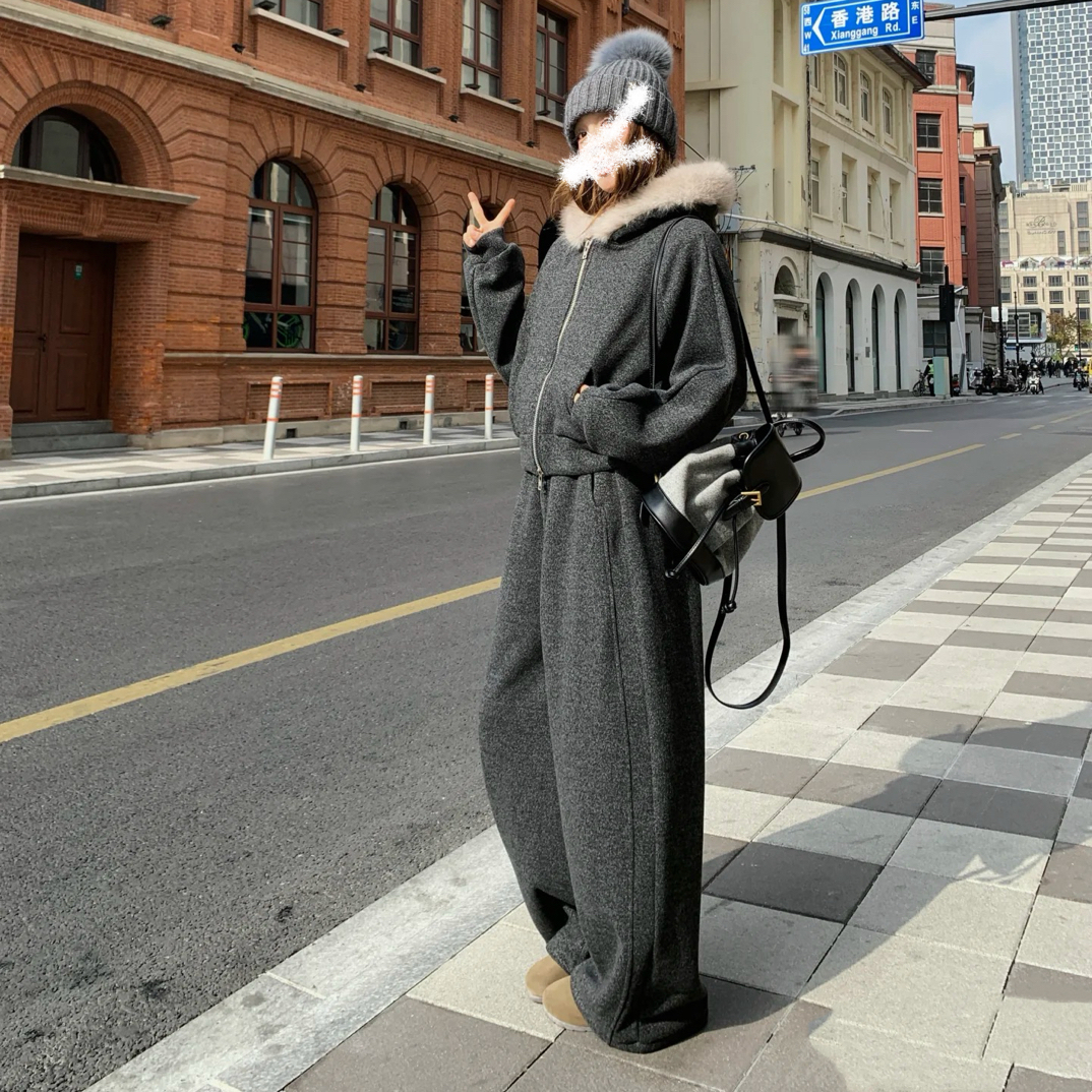 【刘噗噗】入冬慵懒系～爆款座山雕连帽超厚加绒套装12105